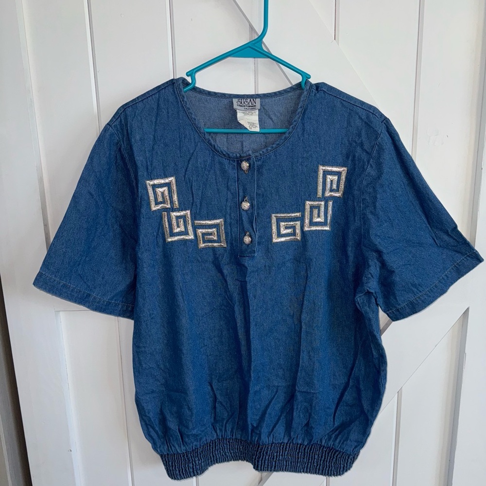 Vintage Susan Christopher California Blouse Geometric 80's 90s 1/4 Button Size L